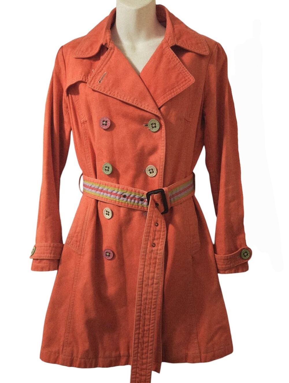 Boden Orange Red Double-Breasted Orange Trench Coat Multicolor Belt Buttons XS S